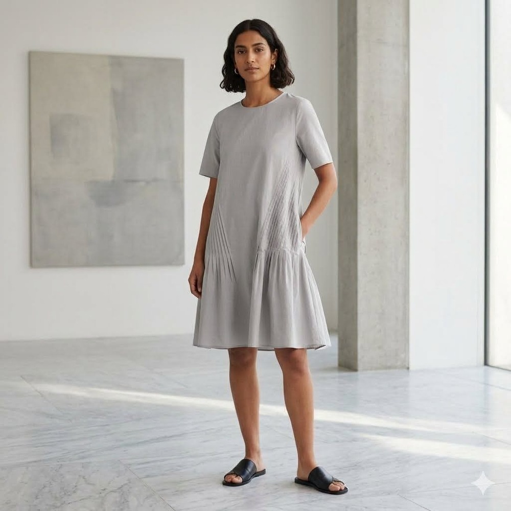 COS Women's Light Gray Pleated Midi Dress Short‎ Sleeve Zip Back Size 44 EUR